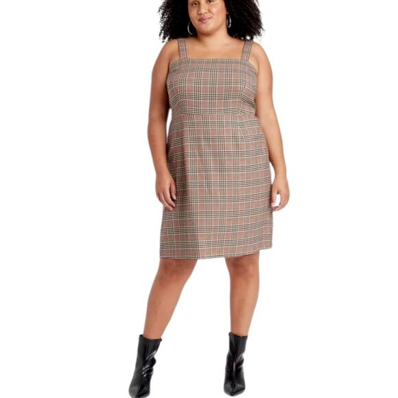 NEW AVA & VIV Dress Plus 3X Plaid Jumper Pinafore Fall Career Office Brown Black - Picture 1 of 9